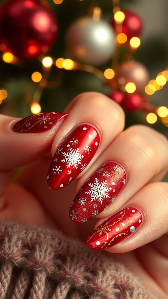 Classy Christmas nail art with red and gold polish and white snowflakes.